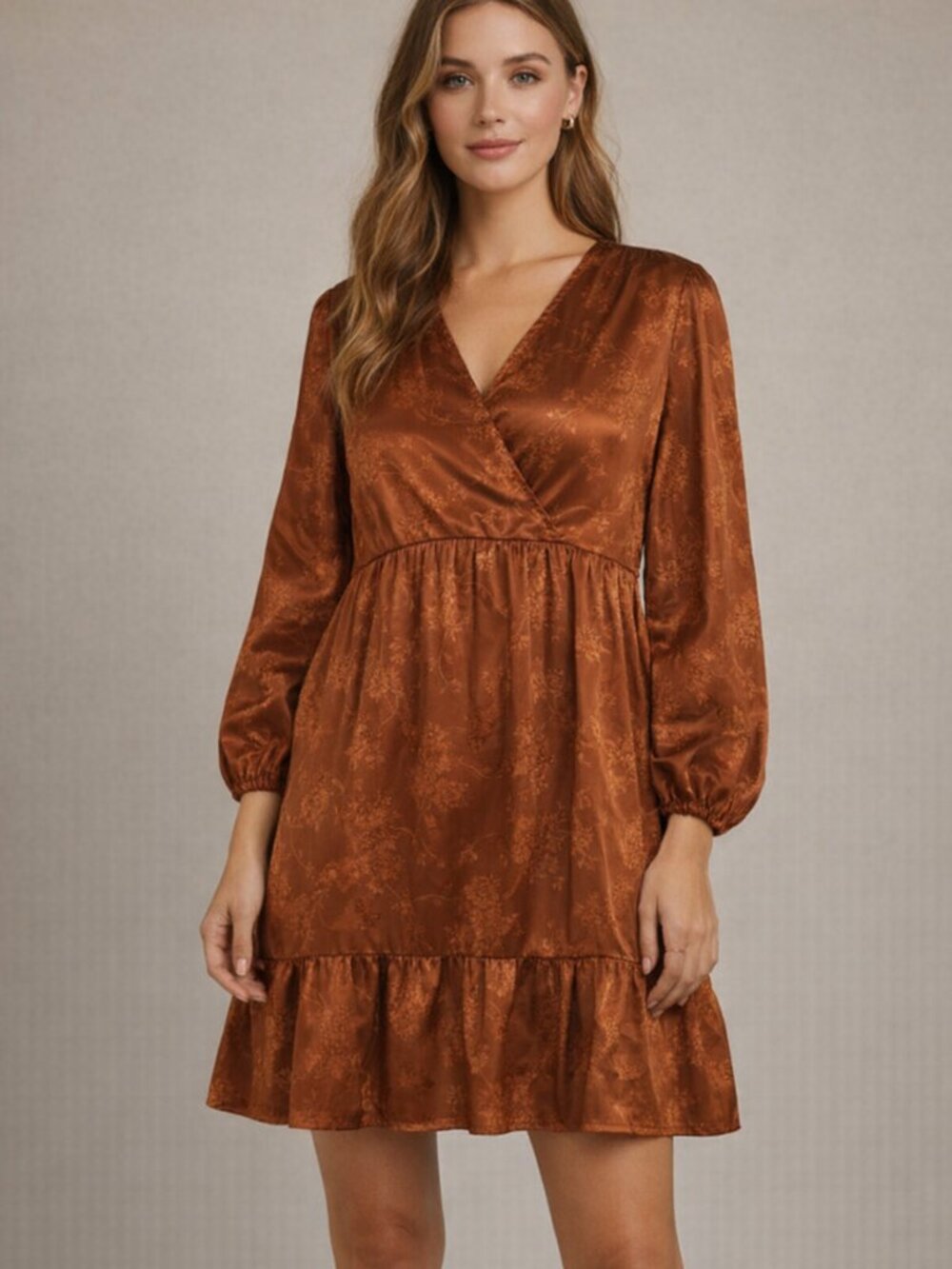Rust Orange Floral Satin Dress